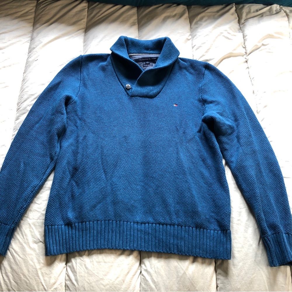 Tommy Hilfiger shawl collar waffle popover sweater - ocean blue - large